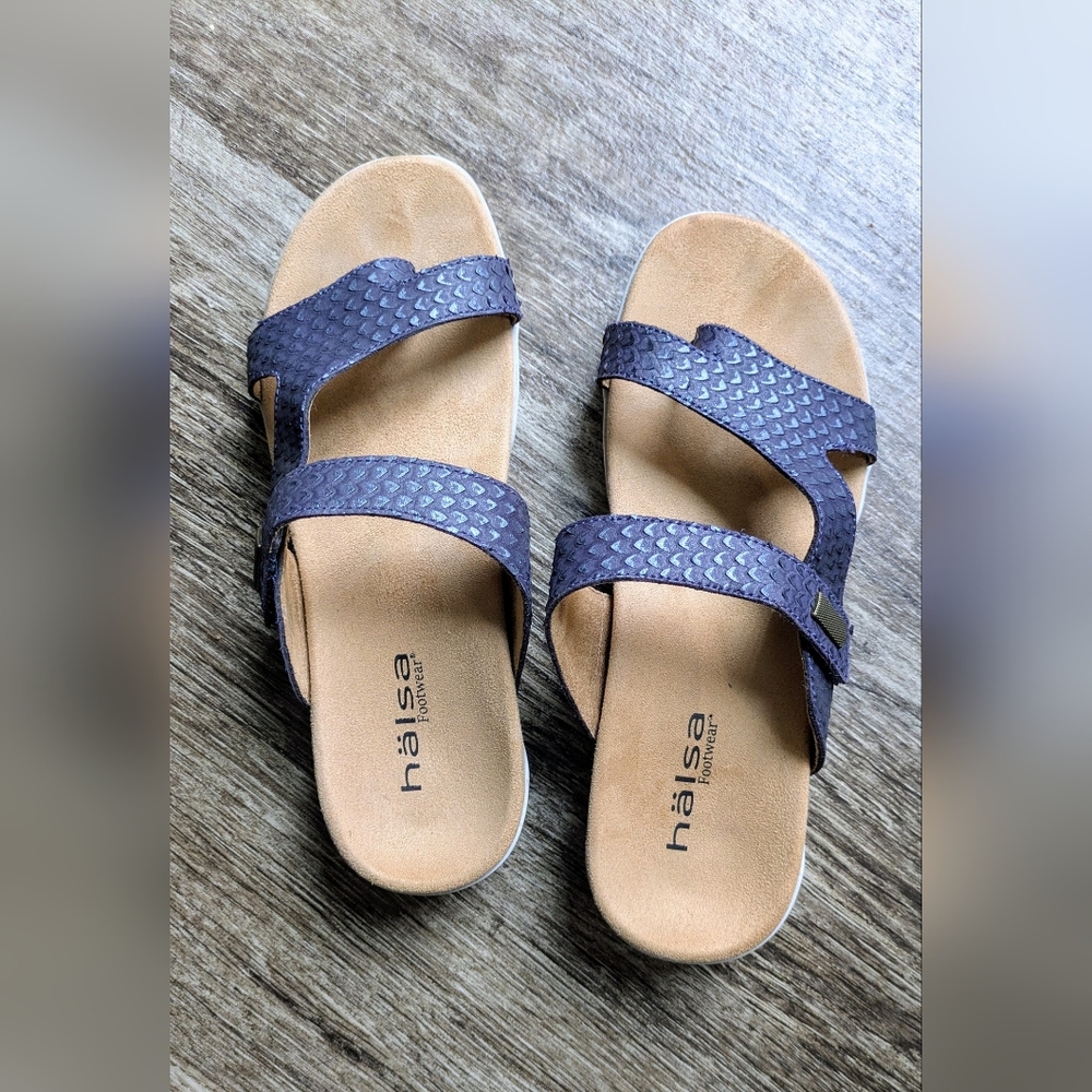 HALSA Blue leather flexible sole, and super comfy Slip on Sandals great for walk